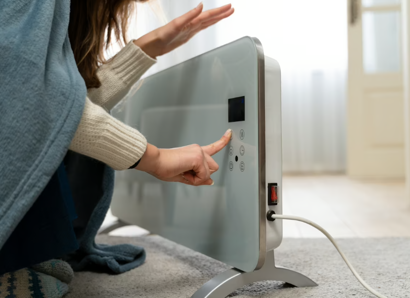 woman switching on electric heater